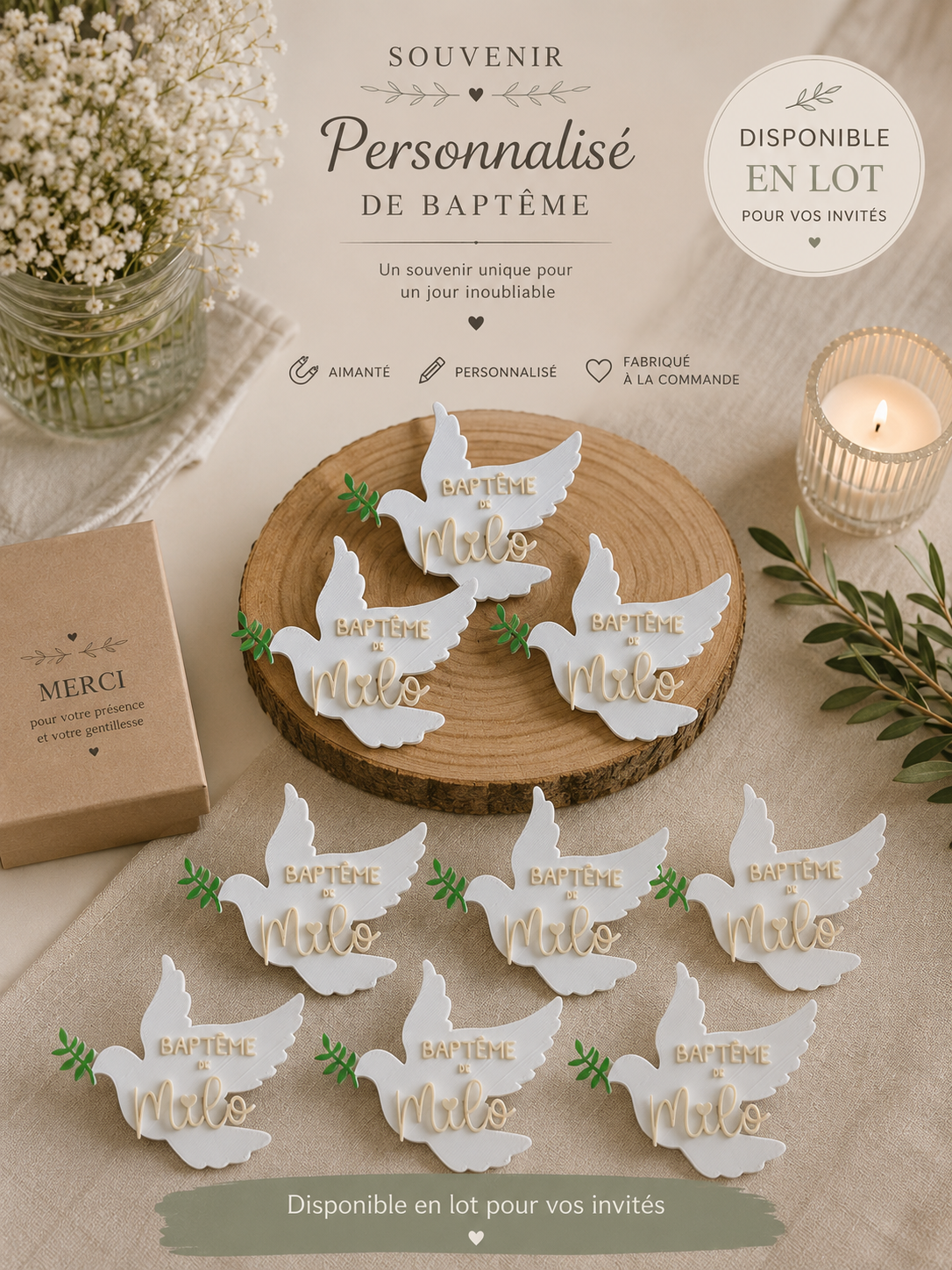 Cadeau invité baptême personnalisé • Colombe prénom aimantée