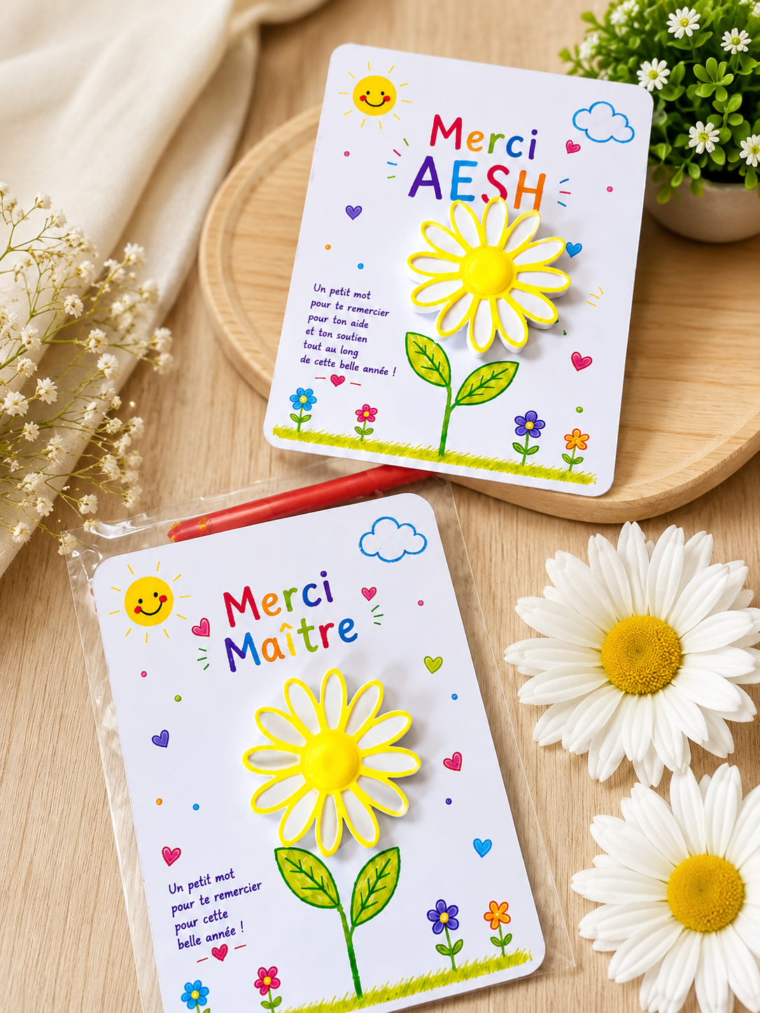 Carte Fleur Marguerite Personnalisée – Cadeau Maîtresse, Maître, AESH, ATSEM, Nounou