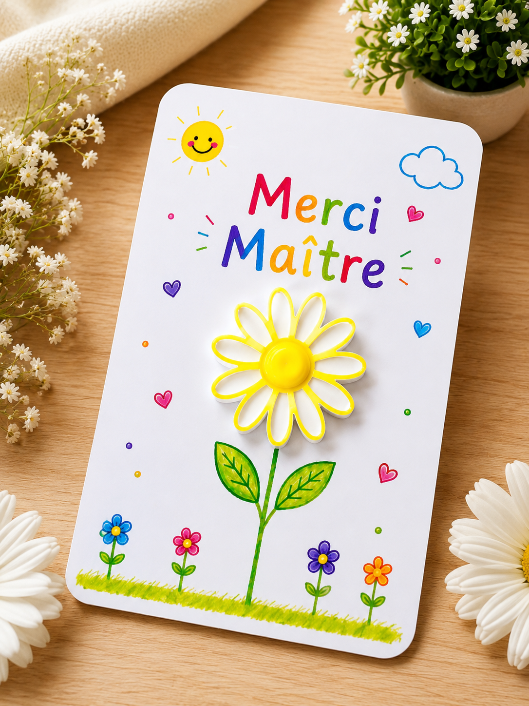 Carte Fleur Marguerite Personnalisée – Cadeau Maîtresse, Maître, AESH, ATSEM, Nounou