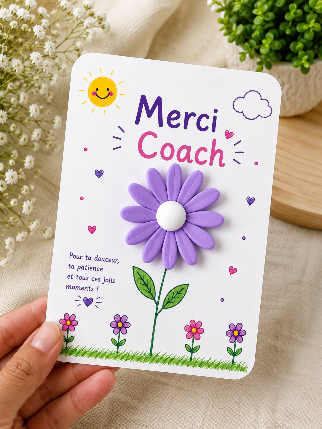 Carte Fleur Marguerite Personnalisée – Cadeau Maîtresse, Maître, AESH, ATSEM, Nounou