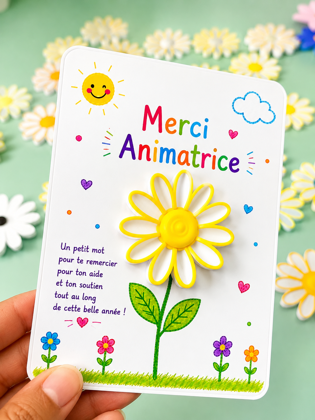 Carte Fleur Marguerite Personnalisée – Cadeau Maîtresse, Maître, AESH, ATSEM, Nounou