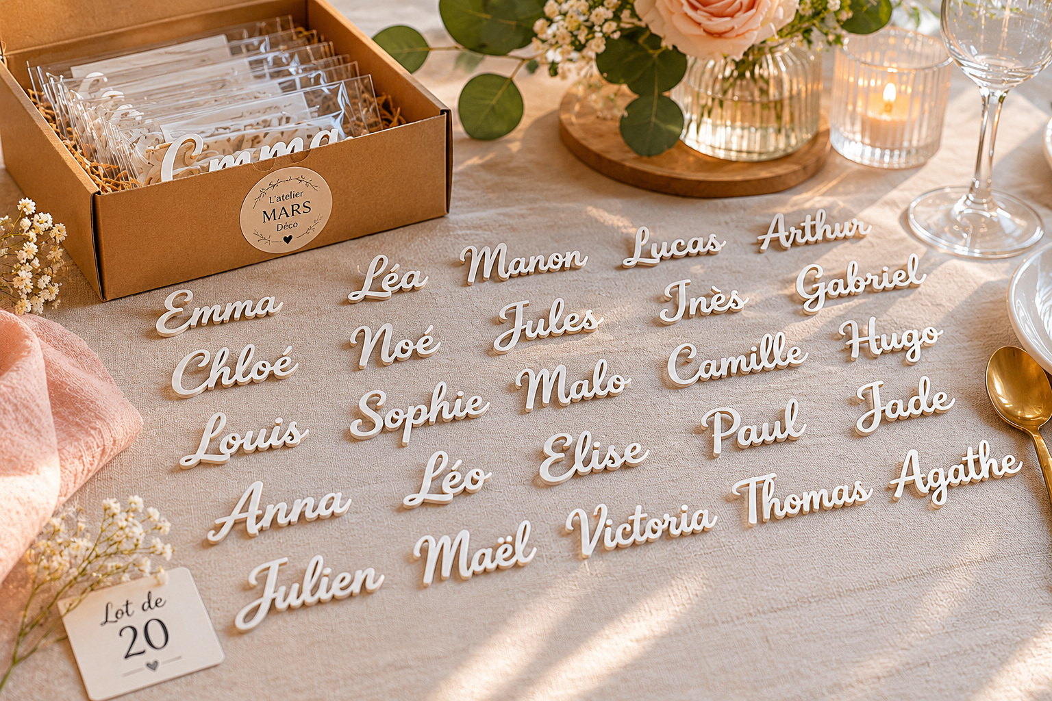 Marque-places personnalisés avec prénom – décoration élégante de table