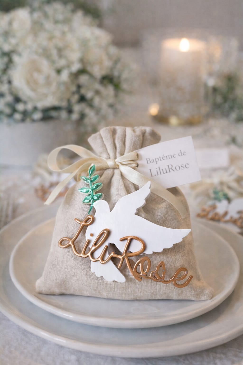 Cadeau invité baptême personnalisé – colombe prénom magnet