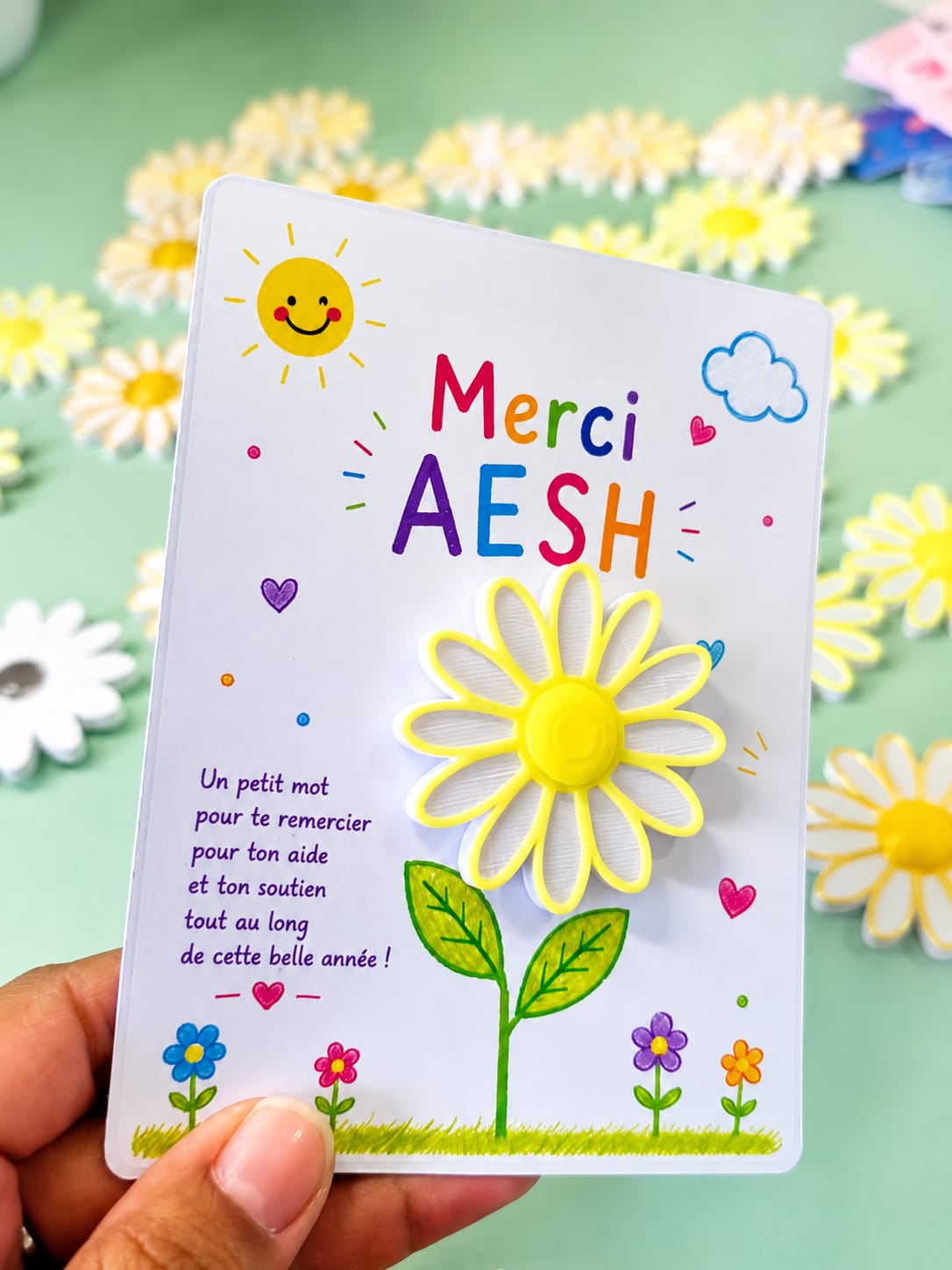 Carte Fleur Marguerite Personnalisée – Cadeau Maîtresse, Maître, AESH, ATSEM, Nounou