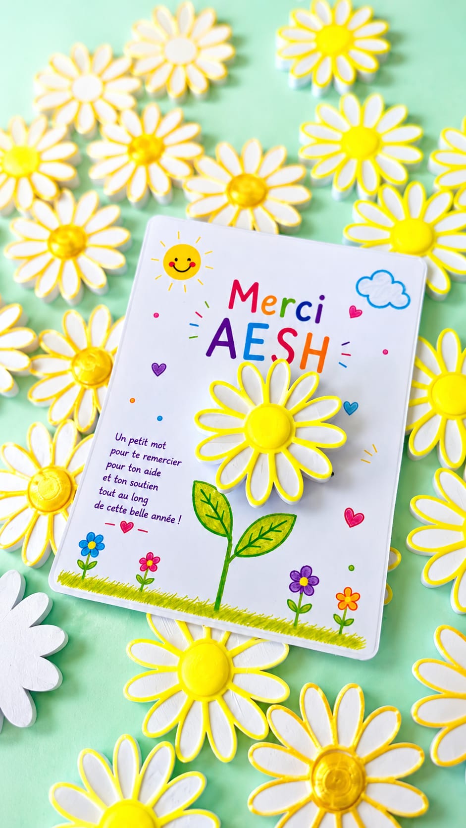 Carte Fleur Marguerite Personnalisée – Cadeau Maîtresse, Maître, AESH, ATSEM, Nounou